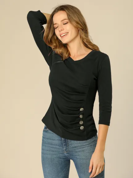 Allegra K- V Neck 3/4 Sleeve Knitted Button Decor Ruched Top