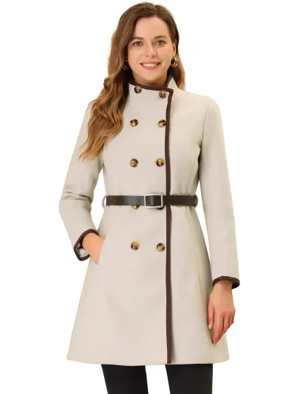 Allegra K- Double Breasted Stand Collar Long Trenchcoat