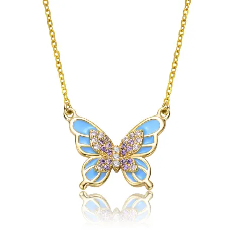 Rachel Glauber Young Adults/Teens 14k Yellow Gold Plated with Shades of Amethyst Cubic Zirconia Blue Enamel Butterfly Pendant Necklace