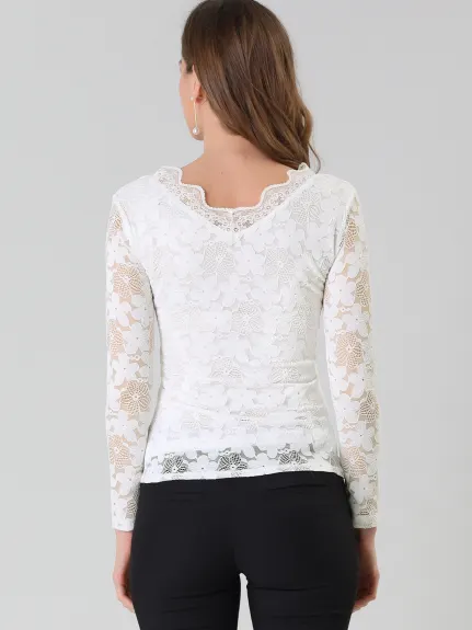 Allegra K- Floral Embroidery Sheer Long Sleeves Lace Blouse