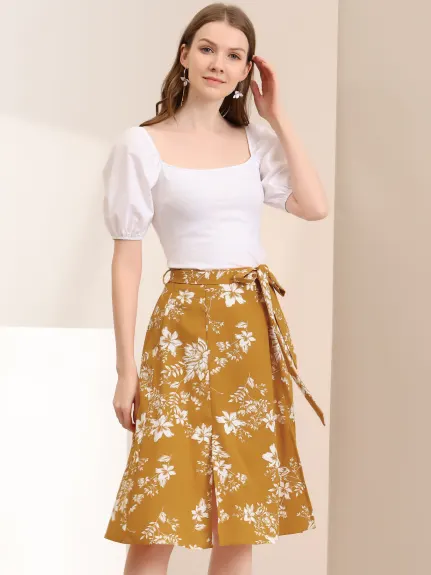 Allegra K- Slit Floral Belted A-Line Midi Skirt