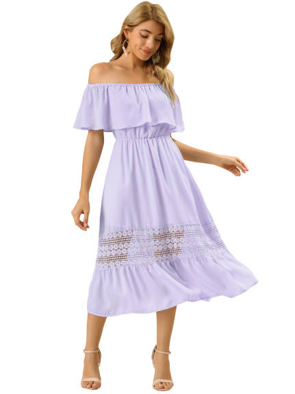 Allegra K- Off The Shoulder Ruffle Sleeve Lace Insert Beach Chiffon Midi Dress