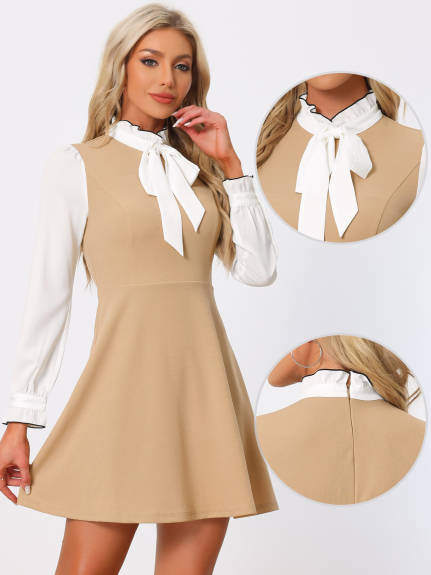 Allegra K- Contrast Color Dress Vintage Long Sleeve Tie Neck Dresses