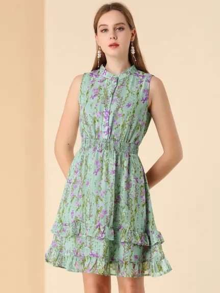 Allegra K- Floral A-Line Tiered Ruffled Chiffon Dress