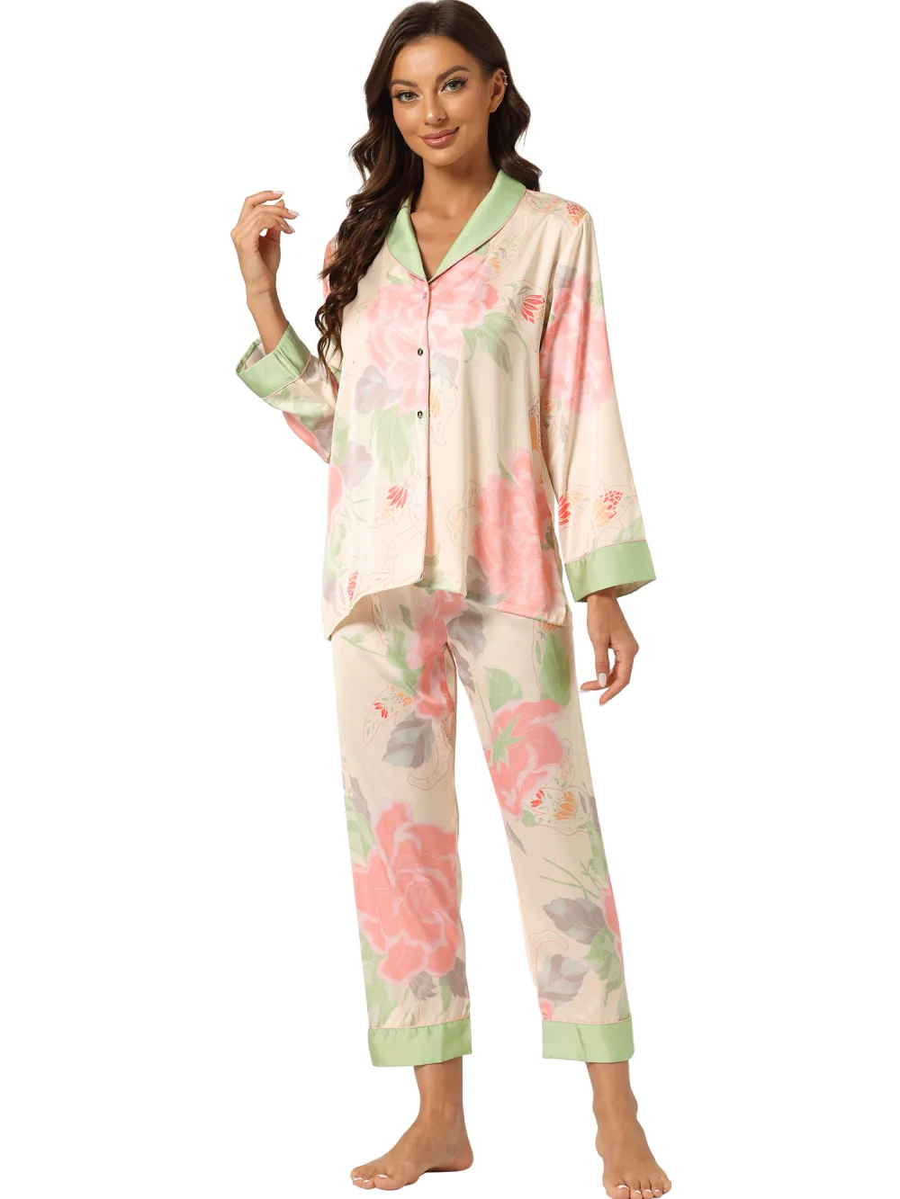cheibear - Floral Button Down Silk Sleepwear 2pcs Set