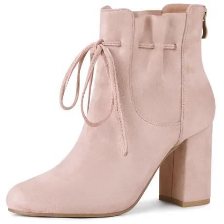 Allegra K - Round Toe Ruffle Drawstring Ankle Boots