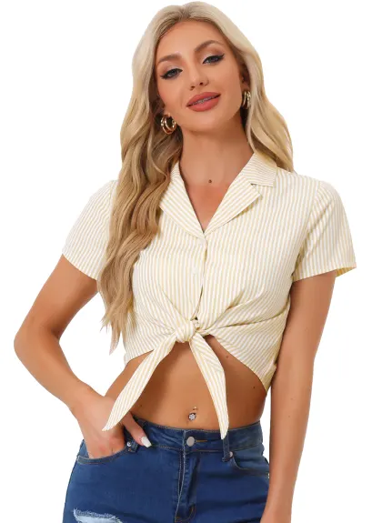 Allegra K- Chemise courte rayée à manches courtes nouée sur le devant
