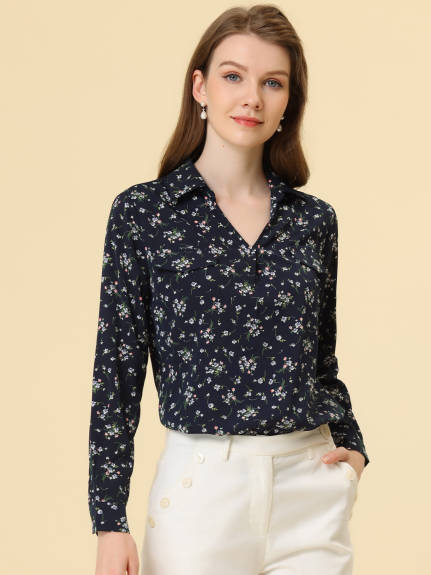 Allegra K- Elegant V-Neck Shirt Floral Faux Pocket Long Sleeve Blouse
