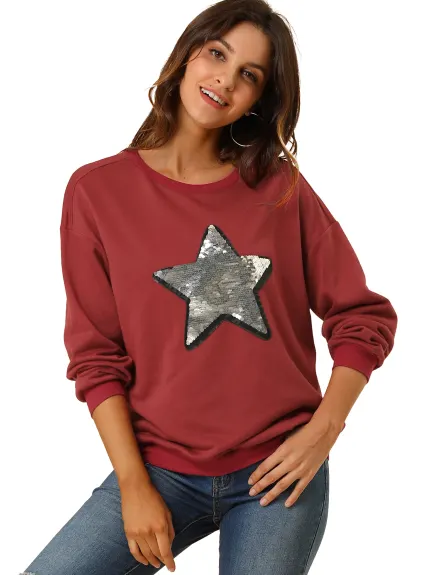 Allegra K- Sequin Star Crew Neck Long Sleeve Sweatshirt Top