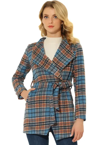 Allegra K- Manteau à carreaux avec ceinture et ourlet asymétrique, col châle