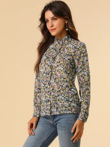 Allegra K- Floral Ruffle Stand Collar Long Sleeve Shirt