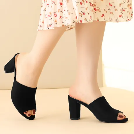 Allegra K - Slip-on Black Chunky Heels Slide Sandals