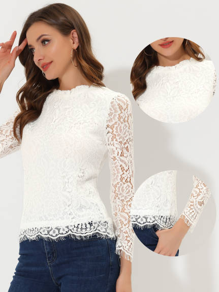 Allegra K- Lace Top Long Sleeve Ruffle Neck Floral Blouse