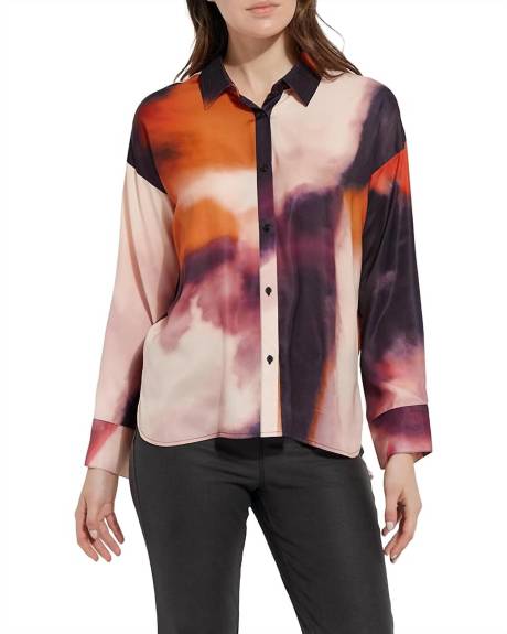 Lysse - Printed Stitched Satin Watercolor Blouse