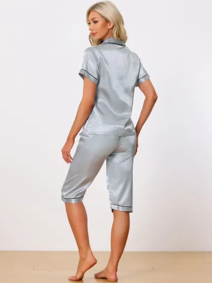 cheibear - Lounge Top and Capri Pants Satin Pajama Sets