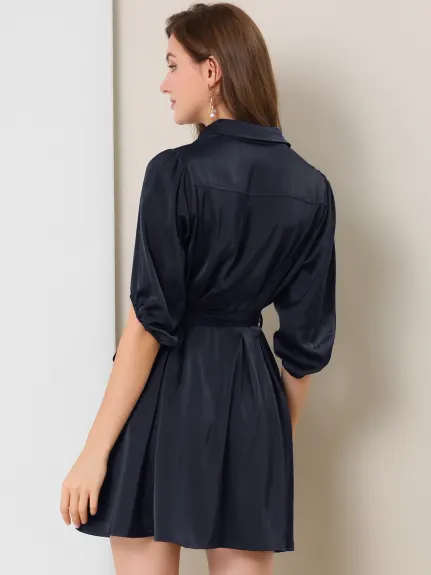 Allegra K- Pleated Waist Belted A-Line Shirt Dress