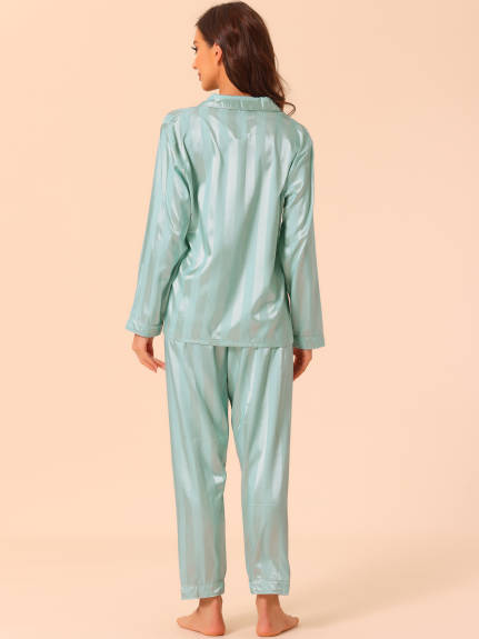 cheibear - Satin Lounge Stripe Button Down Pajama Sets
