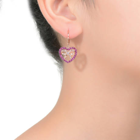Rachel Glauber 18k Rose Gold Plated Heart Dangle Earrings with Clear and Ruby Cubic Zirconia