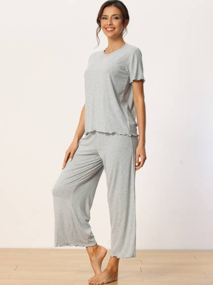 cheibear - Round Neck Soft Knit Short Sleeve Pajamas Set