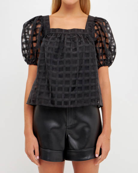 English Factory- Organza Gridded Square Neck Crop Top