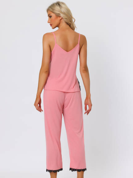 cheibear - Lace Trim Soft Modal Cami Pajama Sets