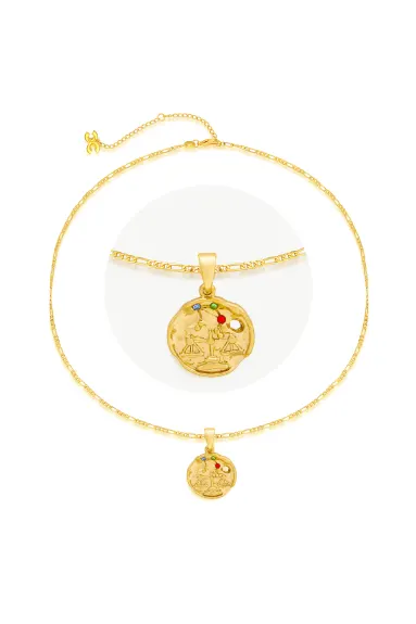 Classicharms-Gold Sculptural Horoscope Zodiac Sign Pendant Necklace Set-Libra