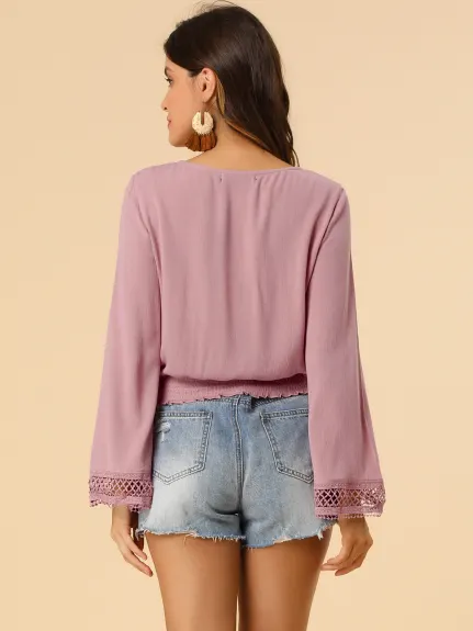 Allegra K- Lace Tie Neck Bell Sleeve Cropped Top