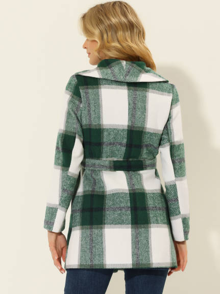 Allegra K- Manteau d'hiver portefeuille ceinturé à col châle et carreaux