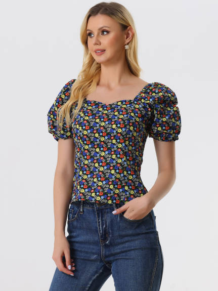 Allegra K- Top Floral smocké manches Puff col Sweetheart