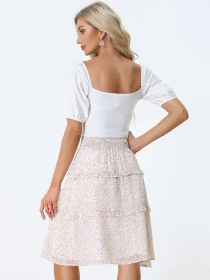 Allegra K- Smocked Waist Ruffle Tiered Floral Skirt
