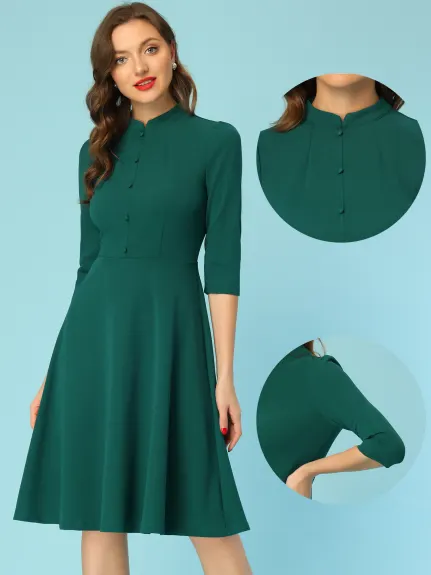 Allegra K- Vintage manches 3/4 col debout travail élégant robe A-Line
