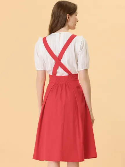 Allegra K- Elastic Waist Braces Suspender Midi Skirt
