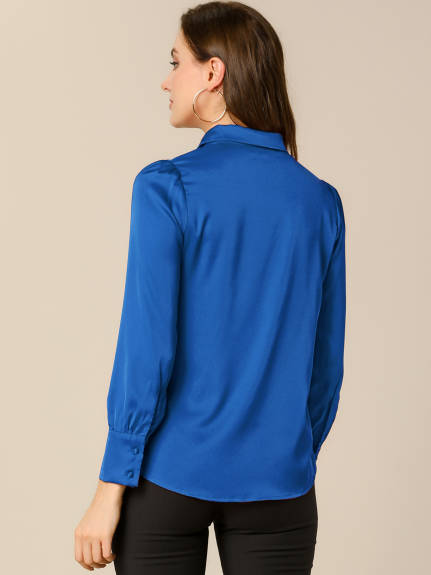 Allegra K- chemisier en Satin pour femmes Puff manches col Point Dressy Vintage Button Up Shirt