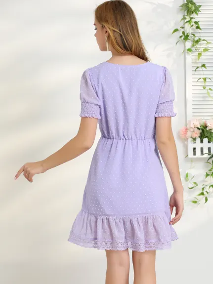 Allegra K- Elegant Short Sheer Sleeve Ruffle Hem Swiss Dots Chiffon Dress