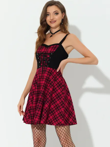 Allegra K- Plaid Lace-Up Gothic Sleeveless Tartan Mini Dress