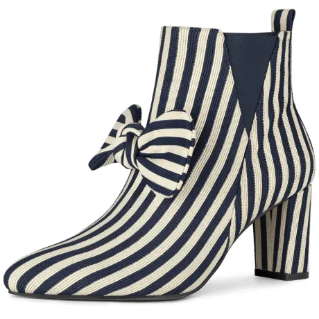 Allegra K - Pointed Toe Bow Striped Ankle Boots