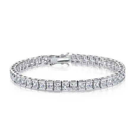 Genevive Sterling Silver with Clear Square 5mm Cubic Zirconia Stylish Tennis Bracelet