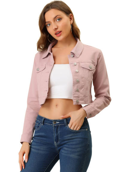 Allegra K- Single Breasted Cropped Denim Jacket
