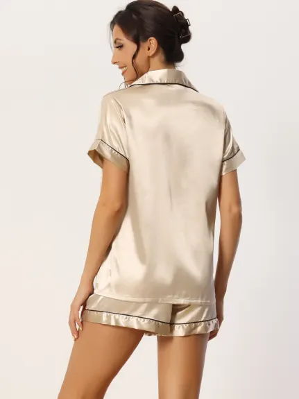 cheibear - Satin Button Down Sleepshirt with Shorts Set
