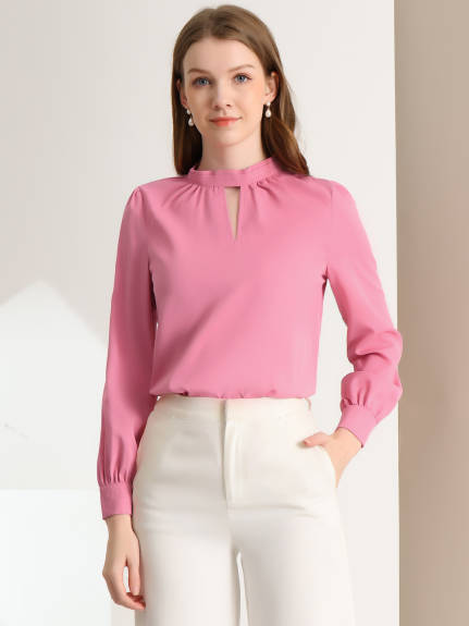 Allegra K- Women's Business Shirt Elegant Stand Collar Fall Long Sleeve Blouses