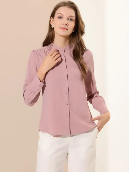 Allegra K- Stand Collar Button Down Long Sleeve Shirt