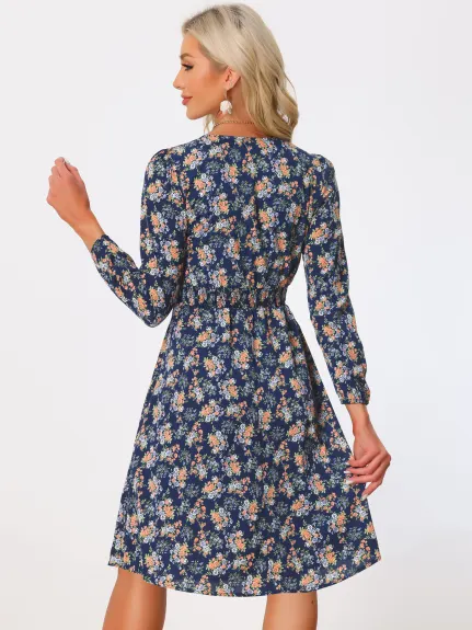 Allegra K- Smocked Waist V-Neck Floral Midi Dress
