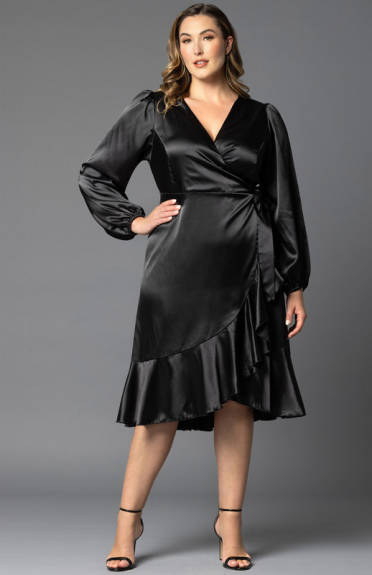 Kiyonna Serena Satin Long Sleeve Wrap Dress (Plus Size)