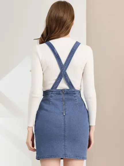 Allegra K- Overall Adjustable Strap A-Line Suspender Denim Dress