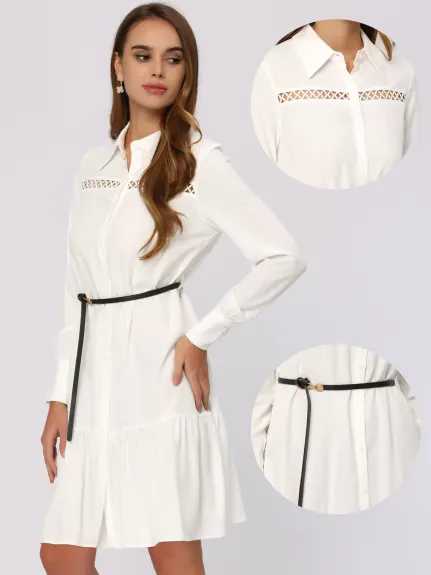 Allegra K- Point Collar Button Front with Belt Boho Shirt Dress
