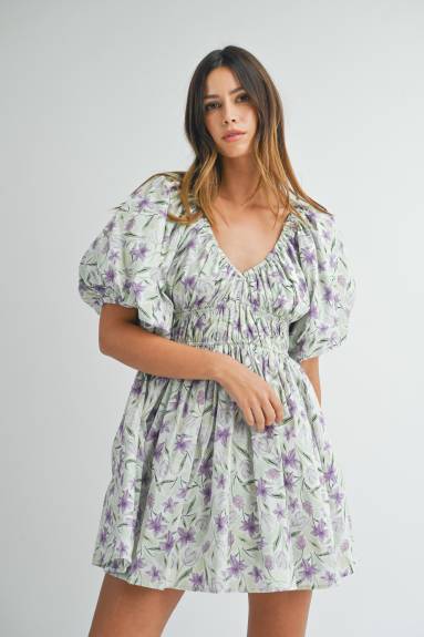 Evercado - Floral Puff Sleeve Mini Dress