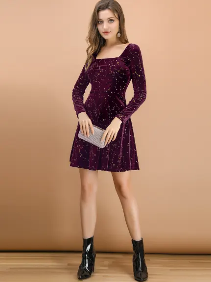 Allegra K- Mini-robe étoiles en velours à col carré