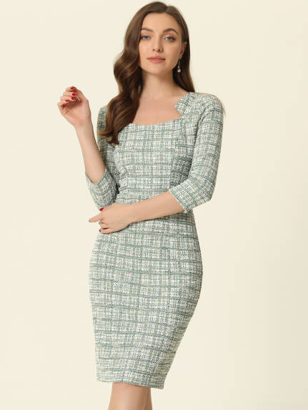 Allegra K- 3/4 Sleeve Plaid Tweed Bodycon Dress