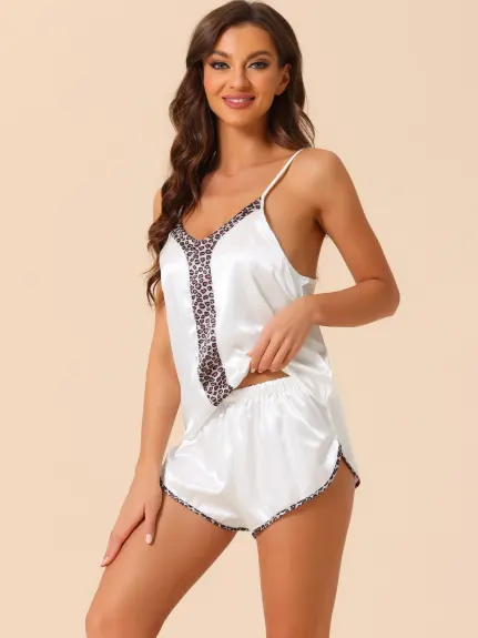 cheibear - Satin Leopard Cami Top with Shorts Lounge Set