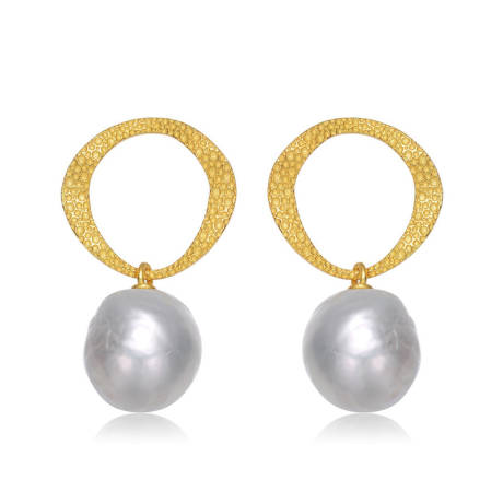 Genevive Sterling Silver 14k Yellow Gold Plated with Genuine Freshwater Button Pearl Drop Earrings